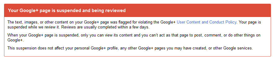 google+ page suspended